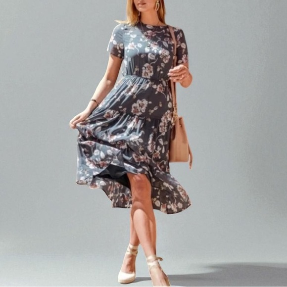 Bohme Teal Floral Sheer Overlay Midi Dress Size S - Picture 1 of 13